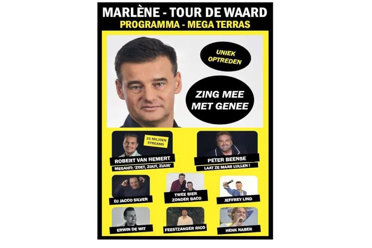 Robert van Hemert, van megahit Zoet, Zout, Zuur, en Wilfred Genee publiekstrekkers bij Marlène tijdens Tour de Waard